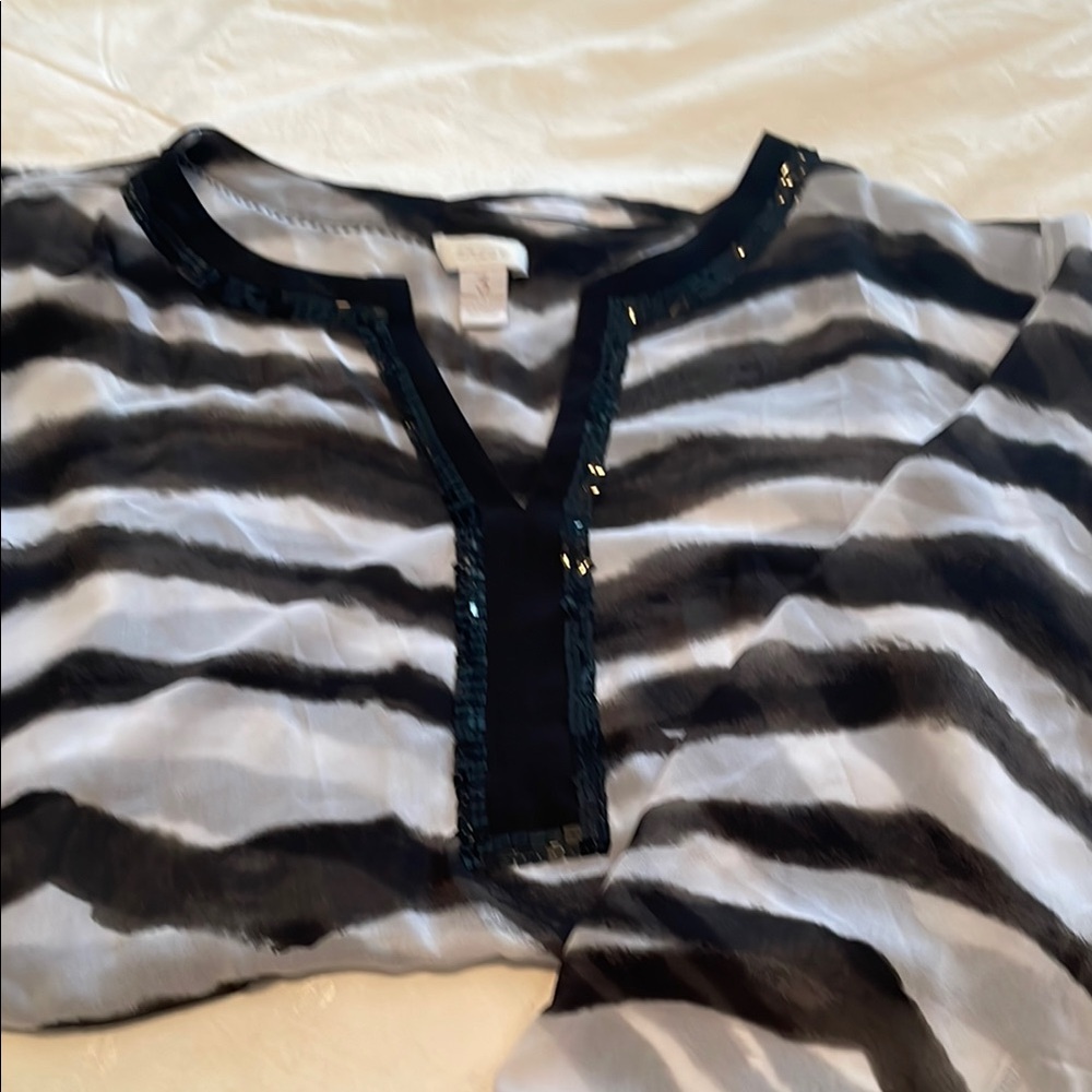 Striped Blouse with Sequin Trim V-Neck